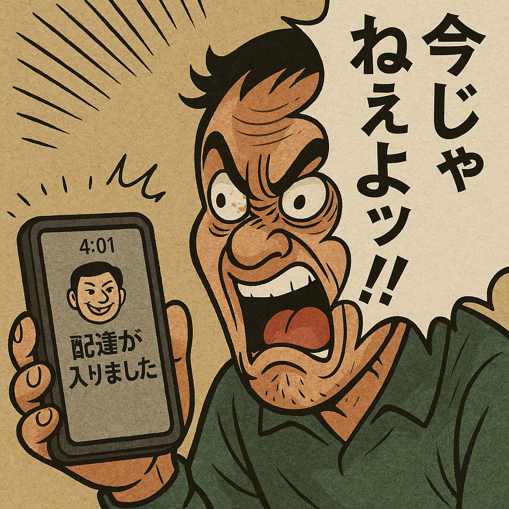 クエスト終了直後に通知が鳴るスマホのイラスト