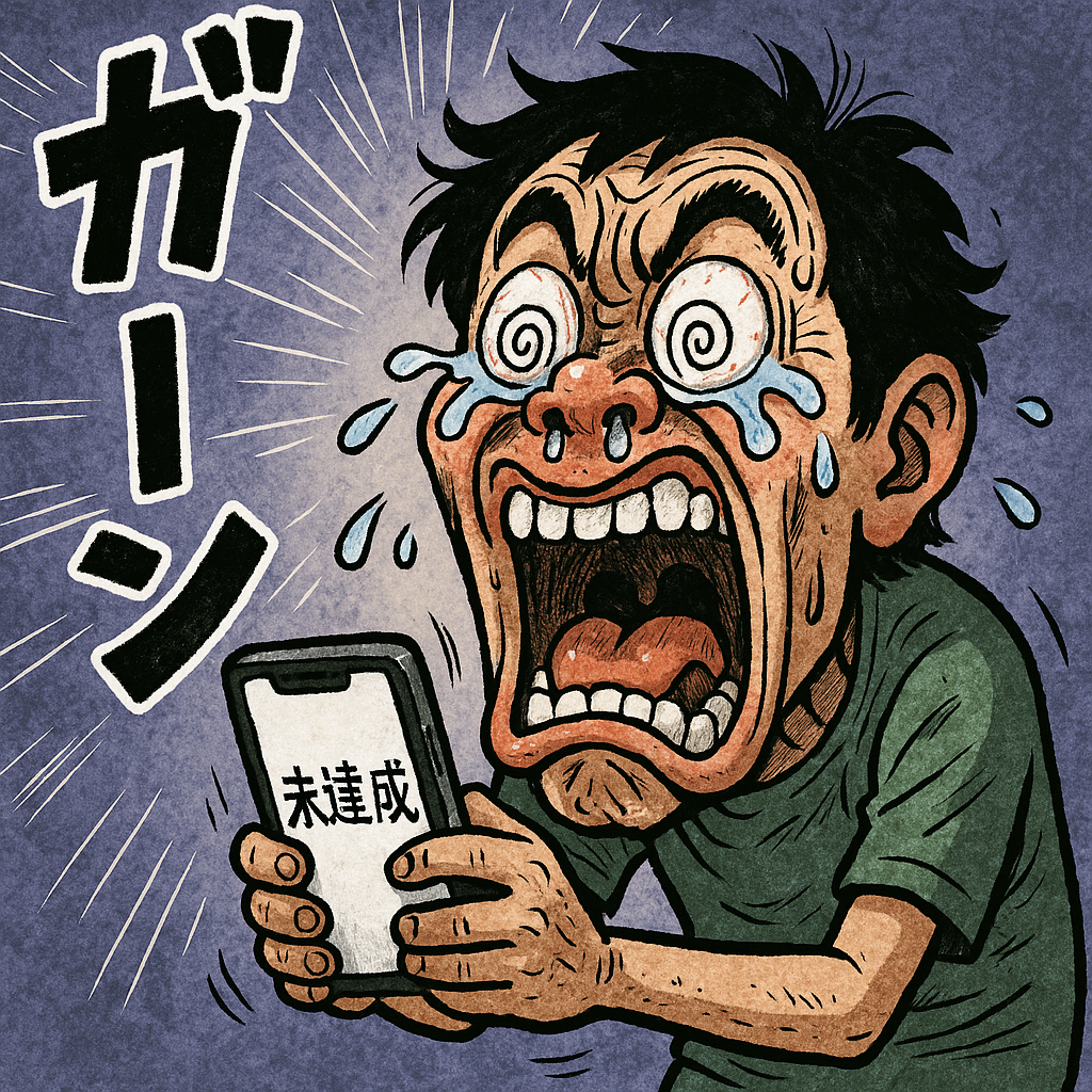 未達成表示を見て崩れ落ちる配達員のイラスト