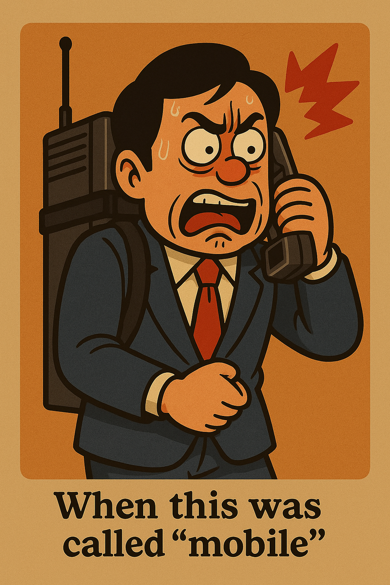 肩に大型携帯電話を担ぐ男性（ショルダーフォン）のイラスト