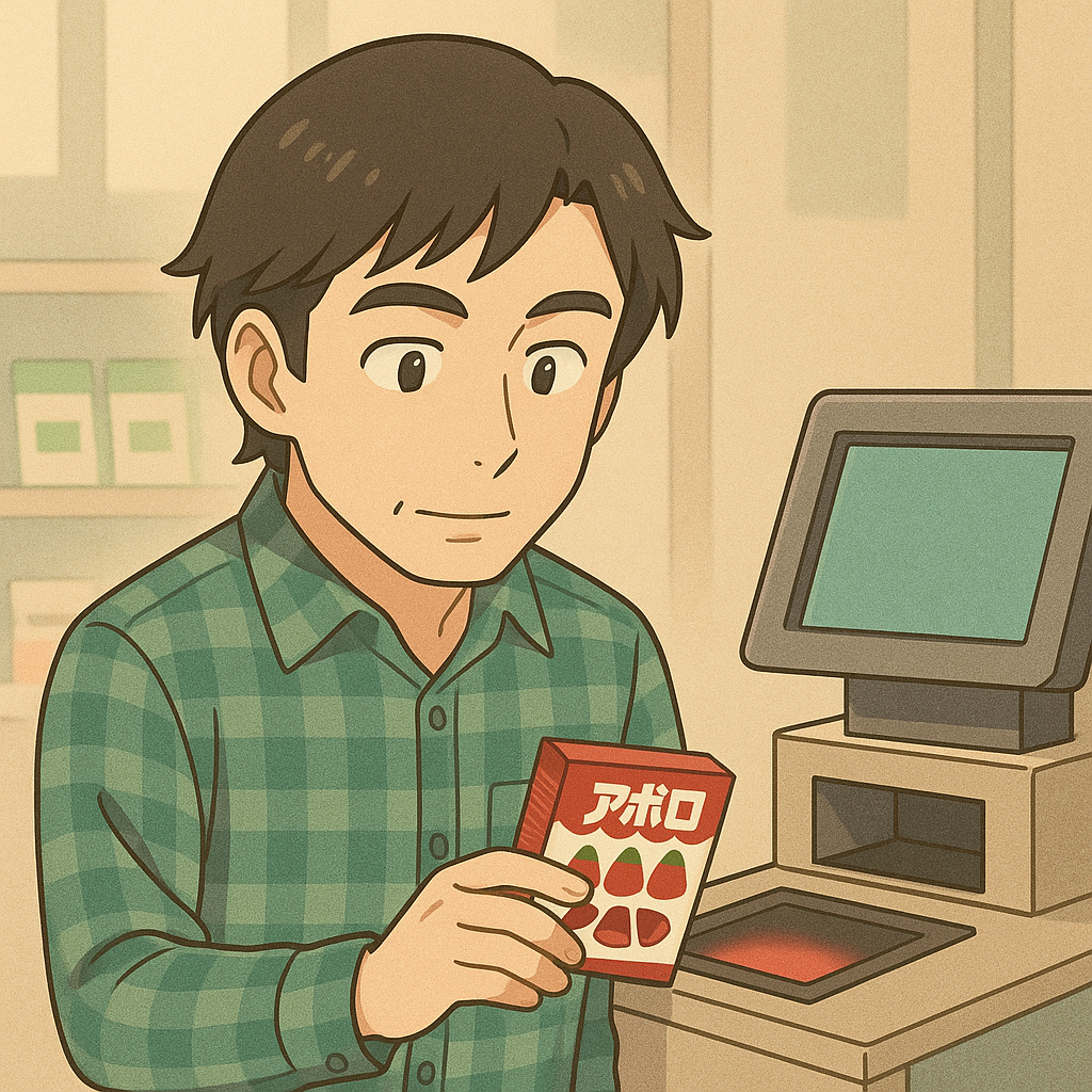 スキャンガンでアポロチョコを読み取る配達員の手元（イラスト）