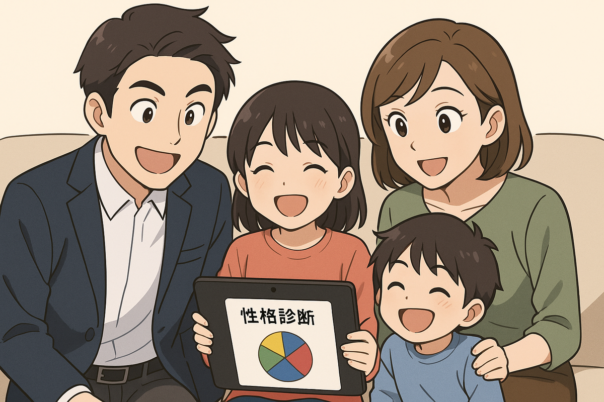 家族で性格診断を楽しむ様子のイラスト