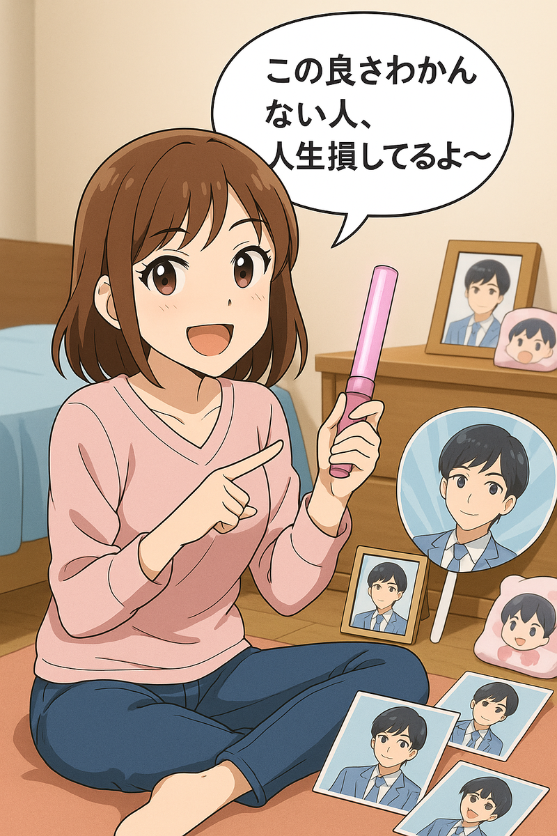 推し活でグッズを並べる女性のイラスト