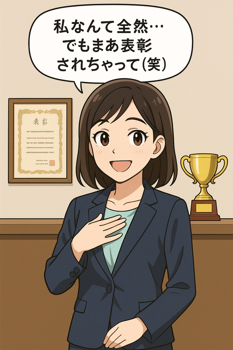 謙遜しつつ実績を示す女性のイラスト