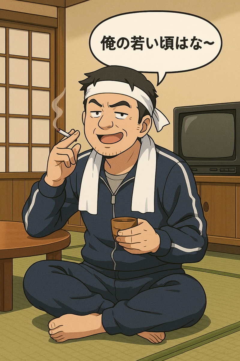 過去の武勇伝を語る男性のイラスト