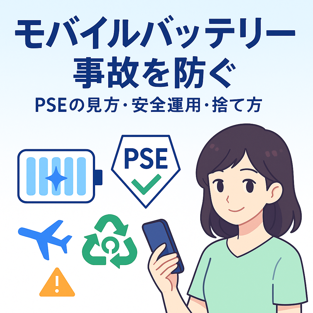 キレイ系アニメ風のモバイルバッテリー安全ガイドのイラスト(PSE確認・安全運用・正しい捨て方・機内持込のイメージ)