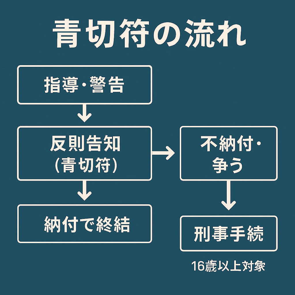青切符の流れ：指導・警告→悪質は青切符→納付で終結／不納付は刑事手続へ  ←図版② 手続フロー
