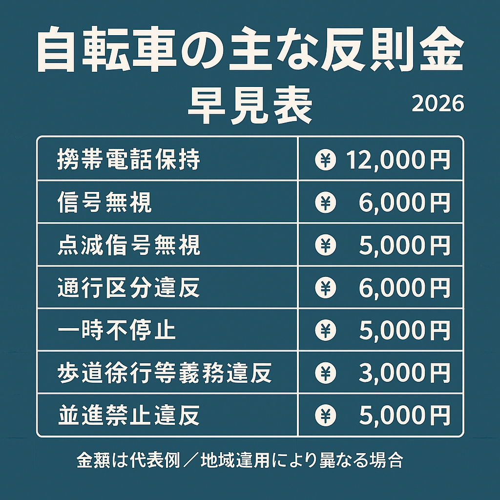 自転車の主な反則金：スマホ保持1.2万円、信号無視6,000円などの早見表   ←図版① 反則金表