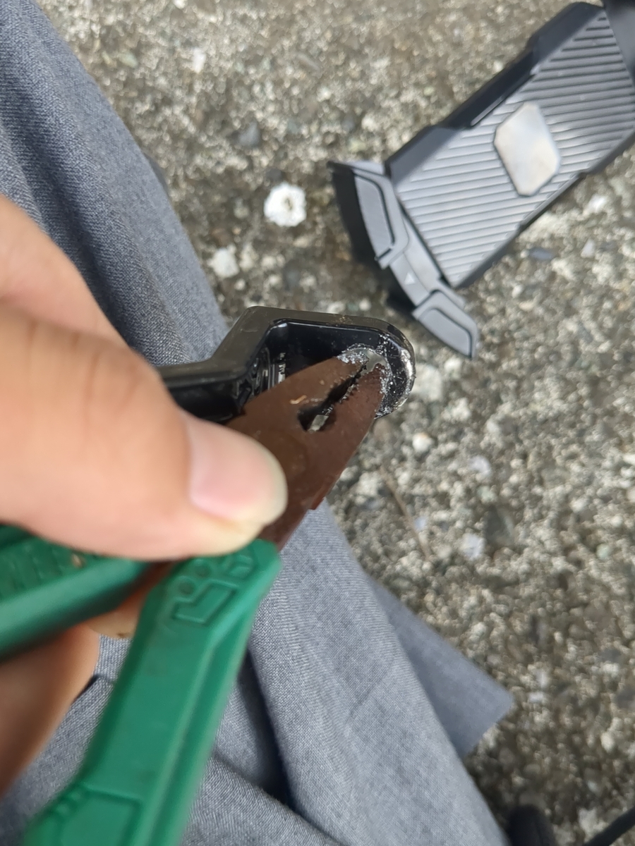 ネジザウルスGTの先端でネジ頭の外周を垂直に噛み、反時計回りに回す瞬間