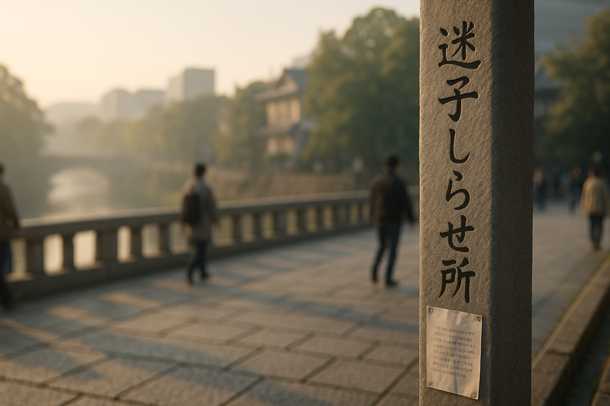 橋のたもとに立つ石標|人の往来と朝の光