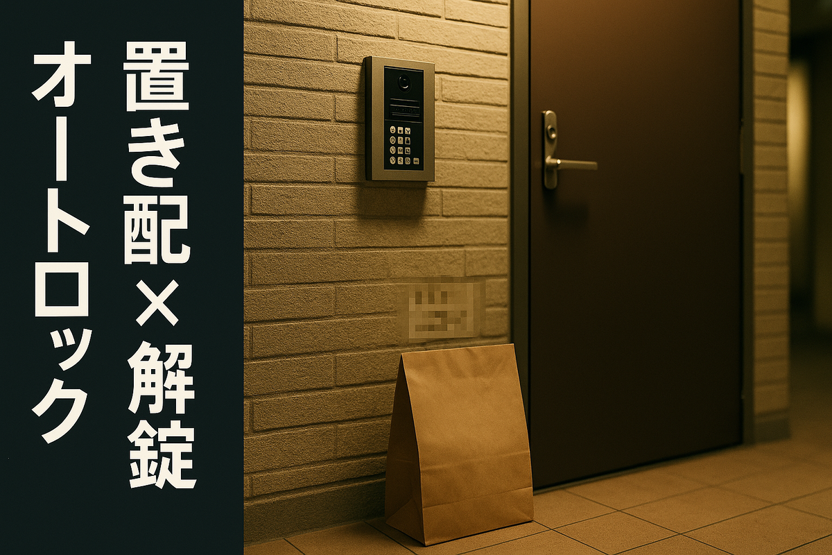 置き配の紙袋とオートロック端末がある夜のマンションエントランス（縦書き「置き配 × オートロック解錠」）