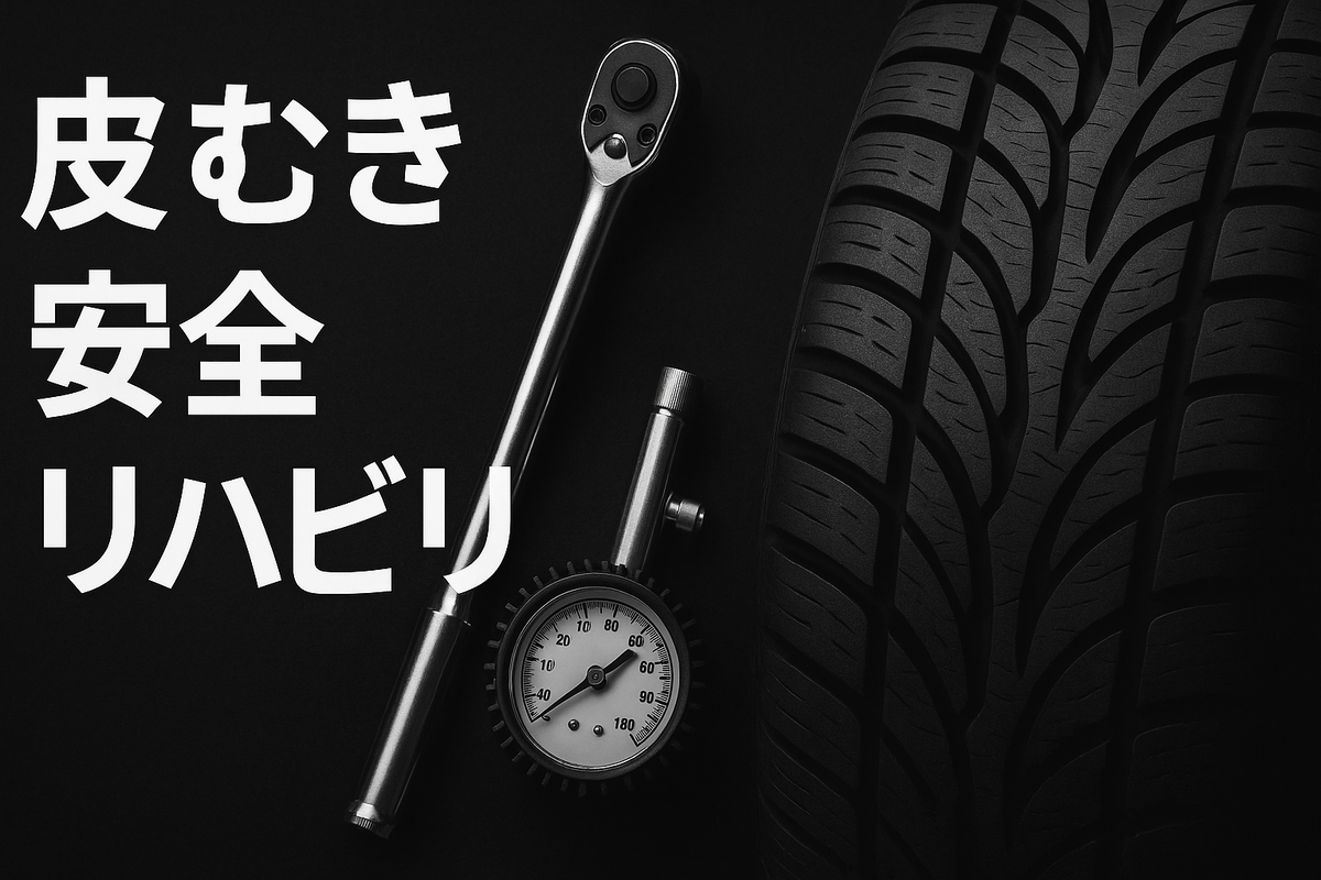 新品タイヤのトレッドと整備工具、左に「皮むき 安全 リハビリ」の縦書きタイトル