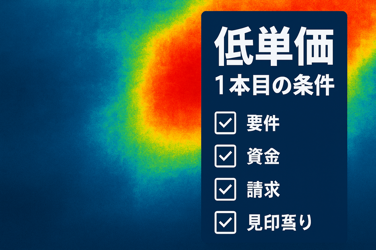 ヒートマップ背景に「低単価・1本目の条件」とチェックリストを配したサムネイル