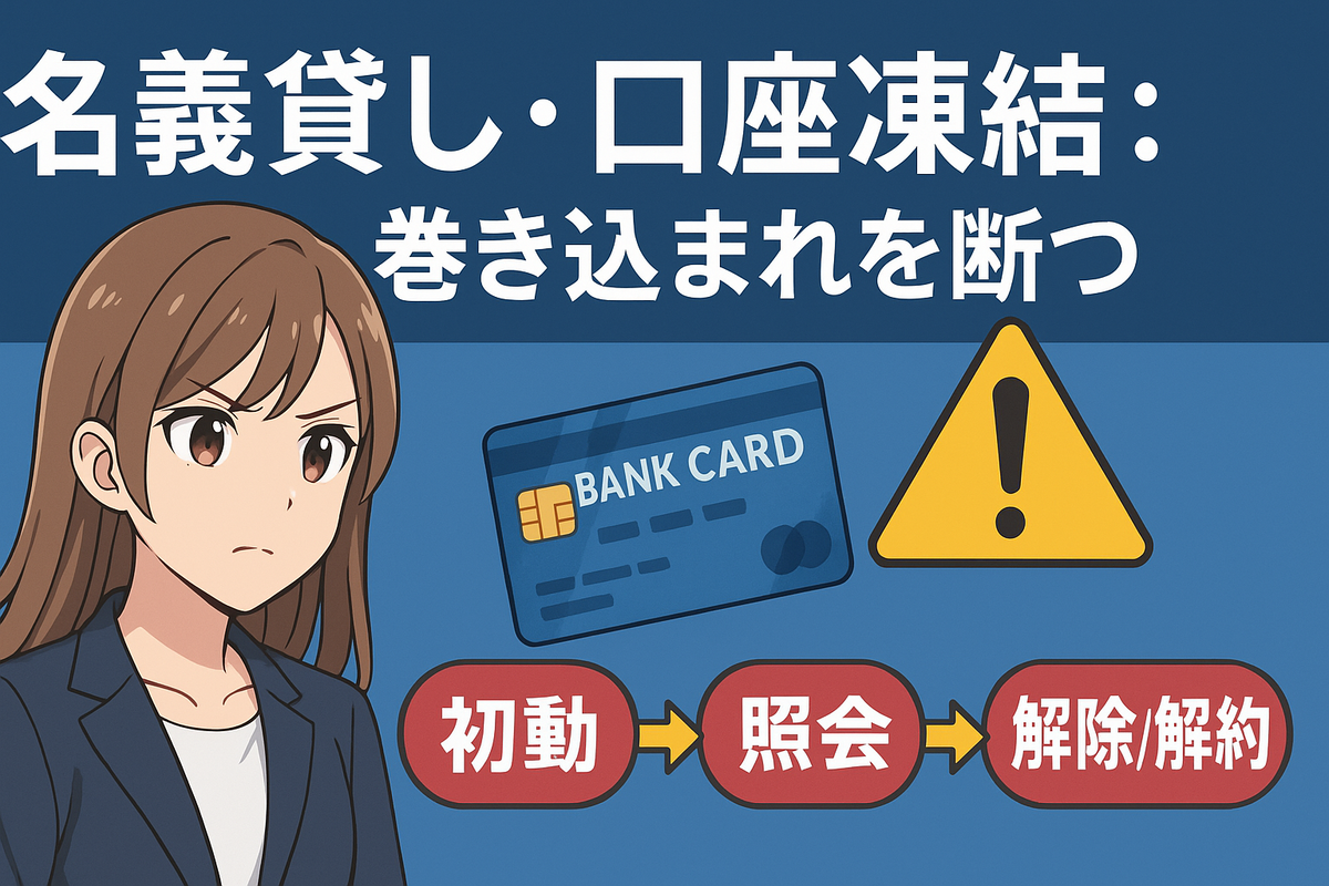 アニメ風で清潔感ある図案。銀行カード+警告アイコン、中央に「巻き込まれを断つ」。右に“初動→照会→解除/解約”の矢印
