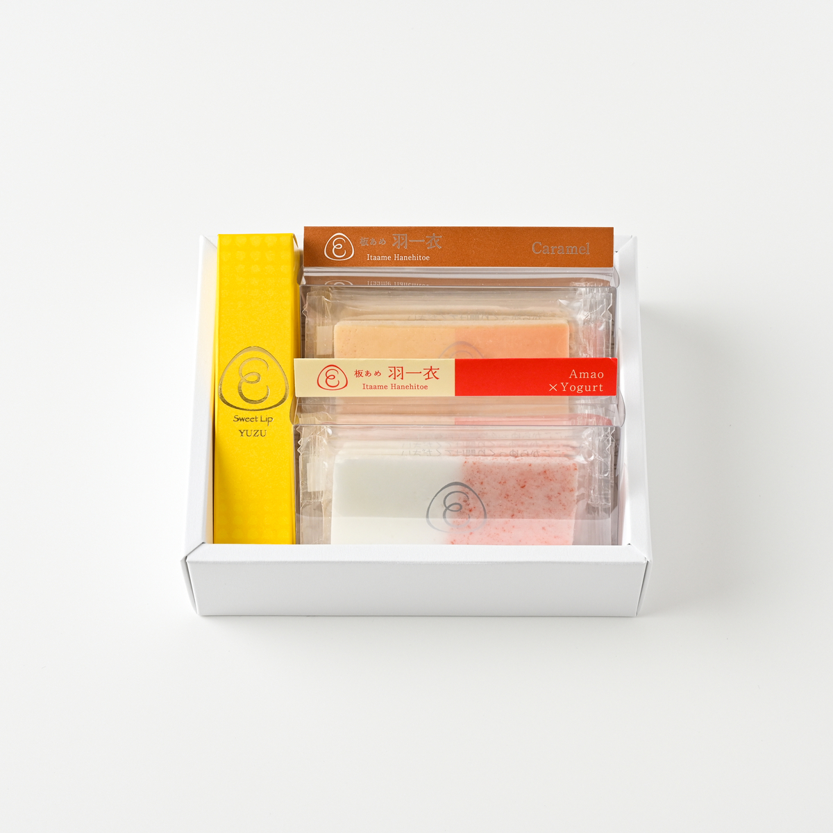 板あめ羽一衣のキャラメルとあまおう×ヨーグルトの各5枚、スイートリップ柚子の内容がわかるイメージ（PR TIMES掲載画像）