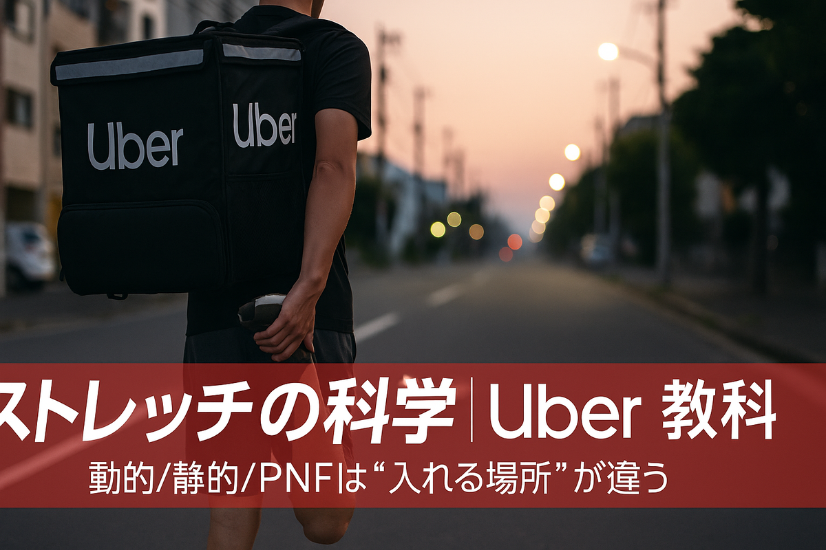 ストレッチ前に股関節を伸ばす配達員の横姿。朝の玄関前、シューズとバッグが画面端に見える。写真上部に横文字タイトル「Stretching Science」。