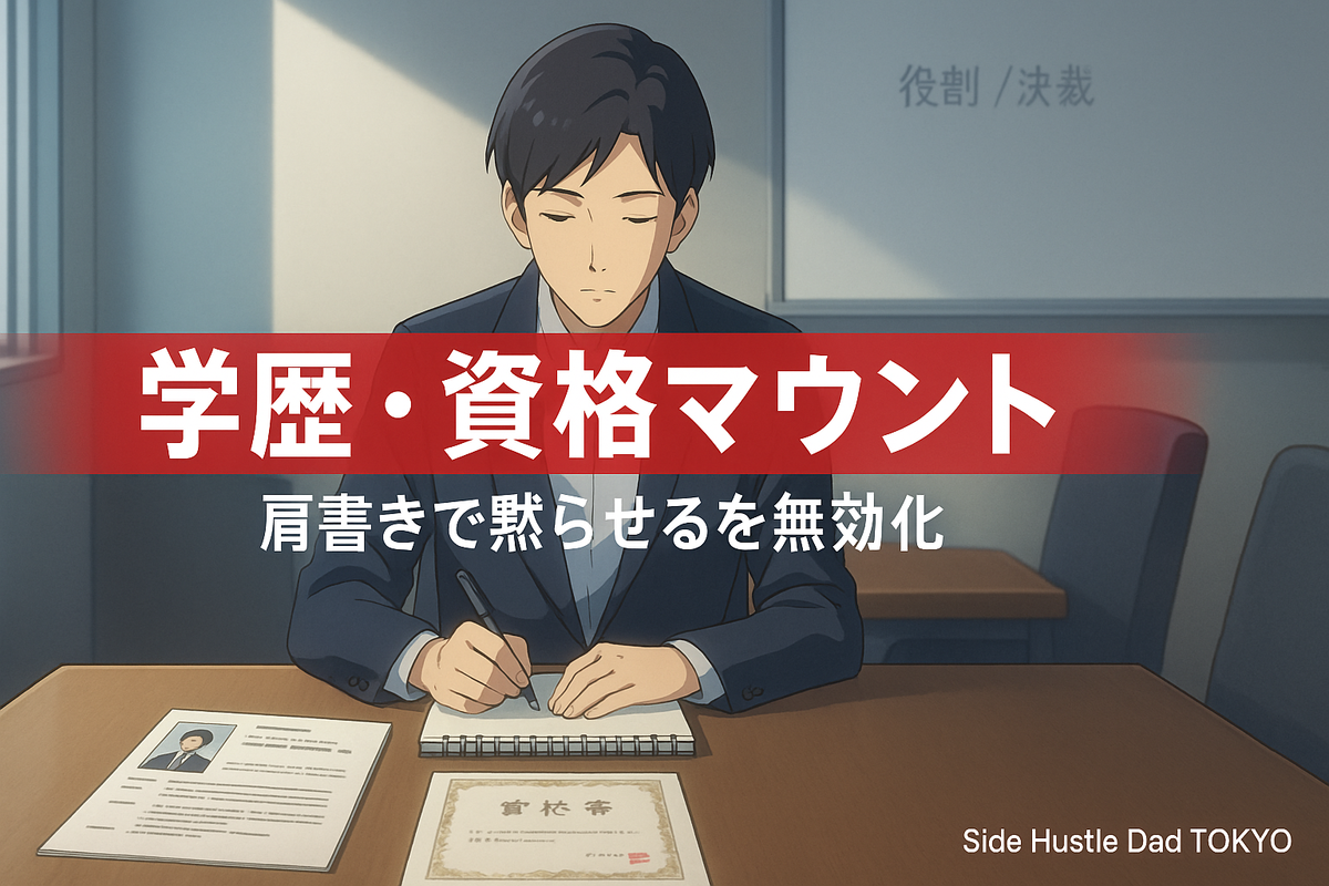 履歴書と資格証の束を前に、会議室で静かに線引きメモを取る人物。左に赤い縦文字帯。実装感のある16:9の構図。