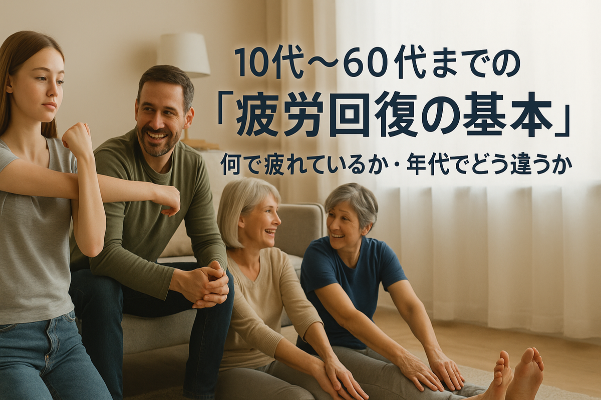 リビングで10代から60代までの家族がソファや床に座り、ストレッチや会話をしながらくつろいでいる実写風の写真。世代を超えて疲労回復に向き合うイメージの16:9 2048×1152