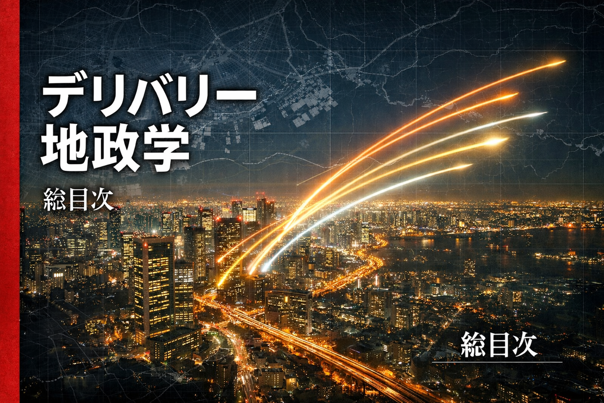 夜の都市を俯瞰した地図の上に、戦略図のような光のラインが走る。左側に赤い縦帯と白い縦文字で「デリバリー地政学」、小さく「総目次」。実写風 16:9 2048×1152