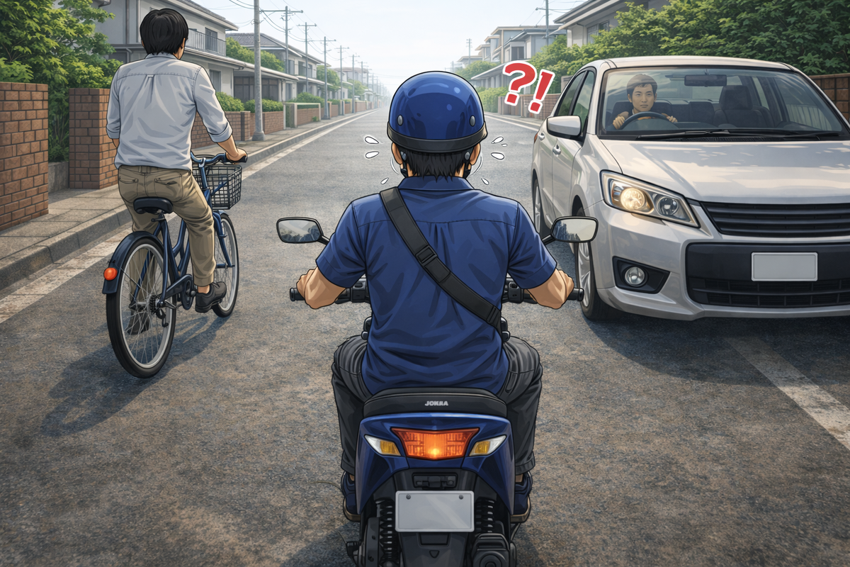 狭い住宅街の生活道路で、前方左側の自転車と後方右側の乗用車のあいだに挟まれ、不安そうな表情で走る原付ライダーの後ろ姿を描いた実写風イラスト 16:9 2048×1152