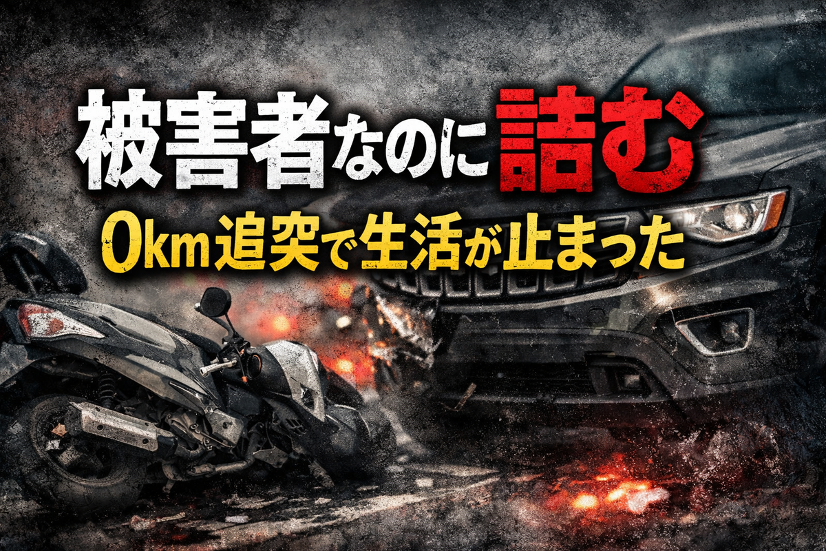 被害者なのに詰む0km追突の現実を描いたサムネ。夜の路肩で倒れた原付とSUVのフロントが映り、文字「被害者なのに詰む/0km追突で生活が止まった」が重く強調された実写風ビジュアル。
