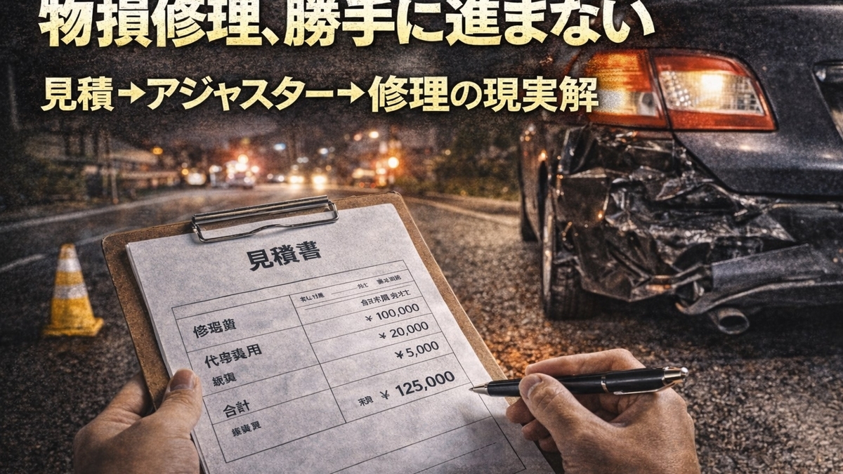 物損修理が進まない理由と、見積からアジャスター確認、修理までの流れを示す実写風サムネイル