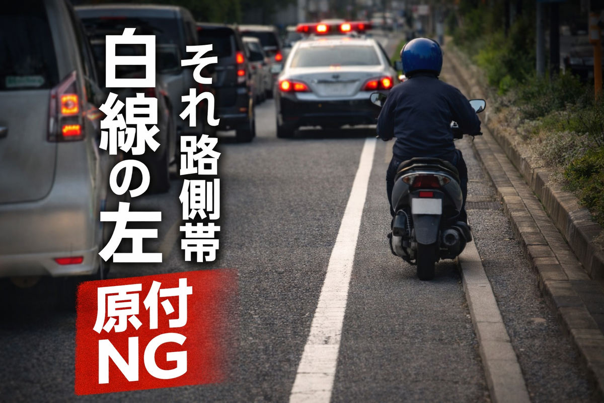 渋滞路で白線左側（路側帯）に入ると違反になる注意点を示す原付配達員の実写風イメージ