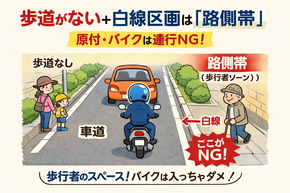 路側帯は歩道がない道路で白線の外側にある歩行者スペースで、原付やバイクは通行できないことを示す図解