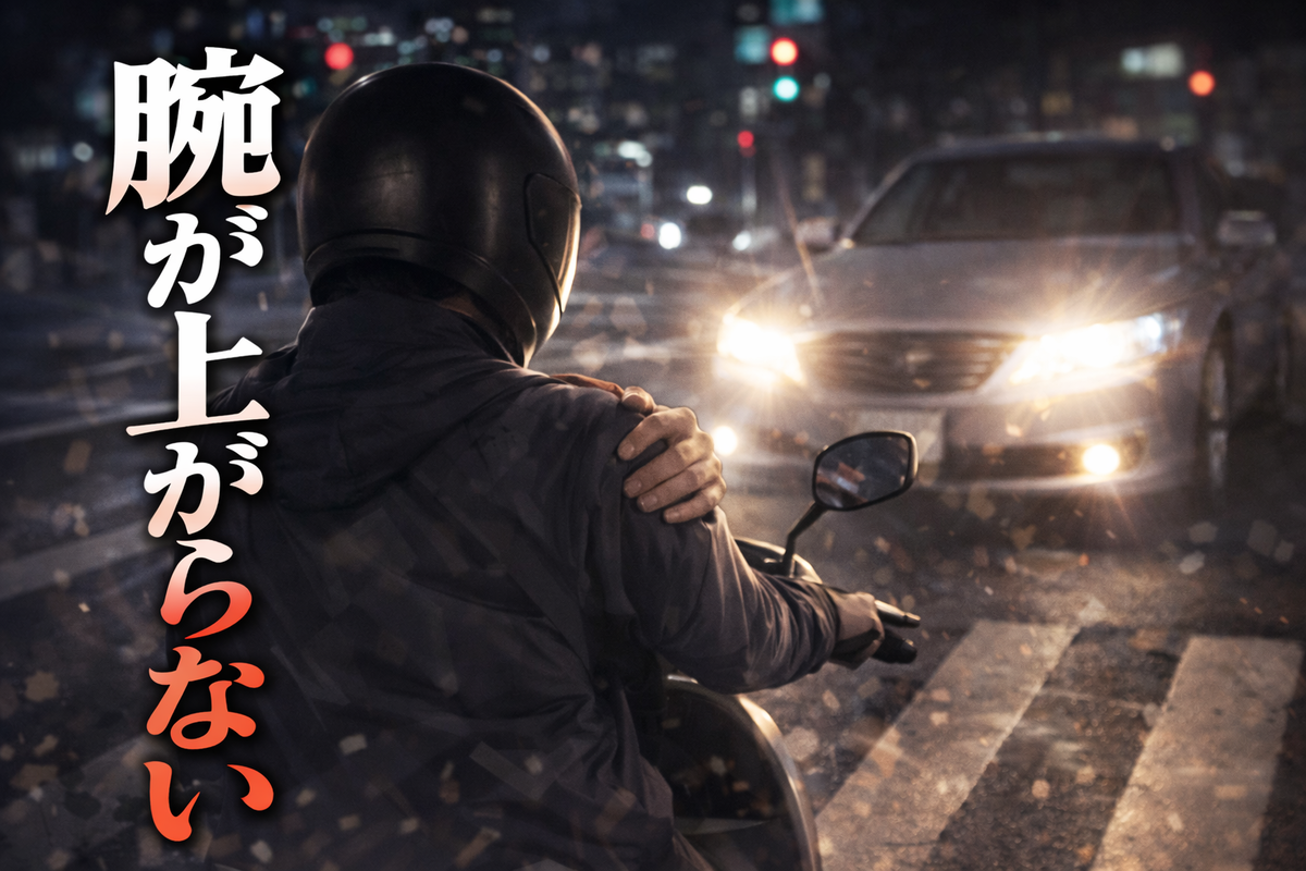 夜の交差点で停止中の原付の背後に車のライトが迫る、追突の恐怖