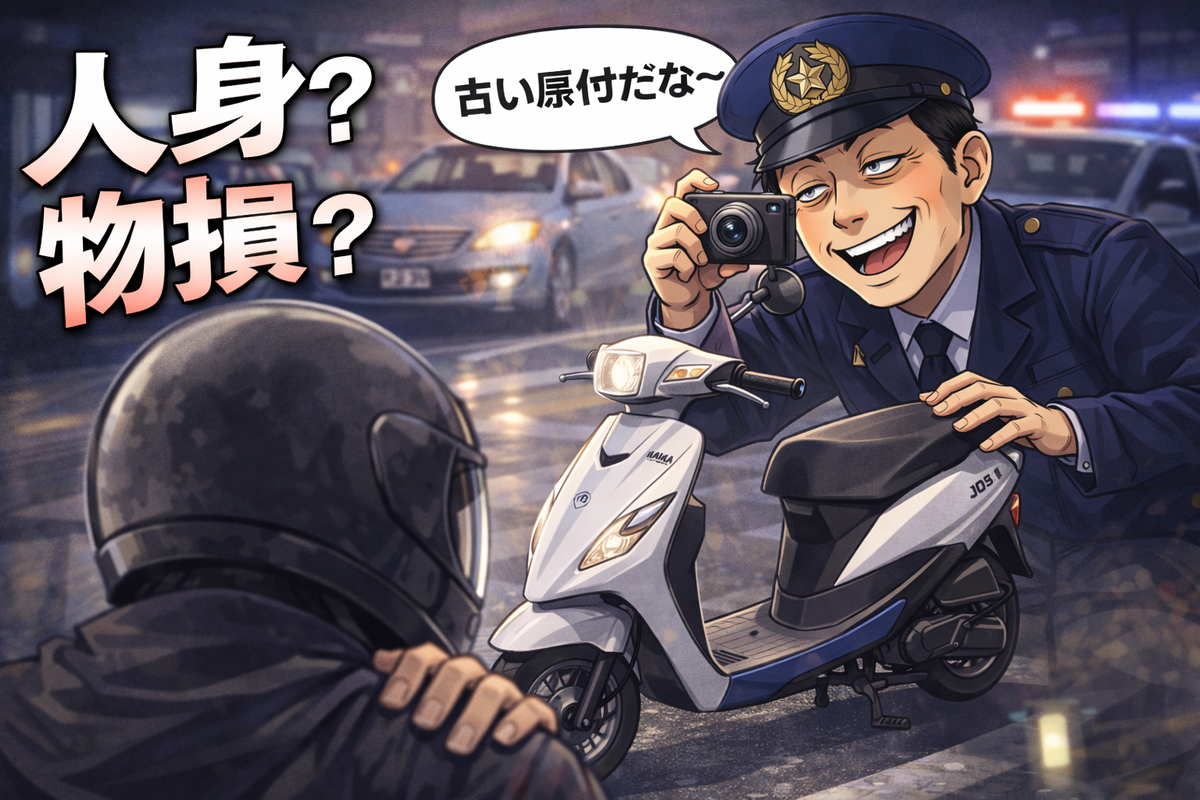 スマホ/カメラで原付を撮影しながらニヤニヤ、上から目線の表情