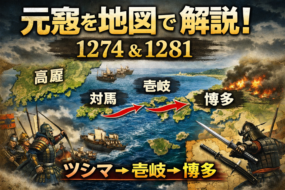 元寇（蒙古襲来）を地図の流れで解説する記事サムネイル：対馬・壱岐・博多のルート