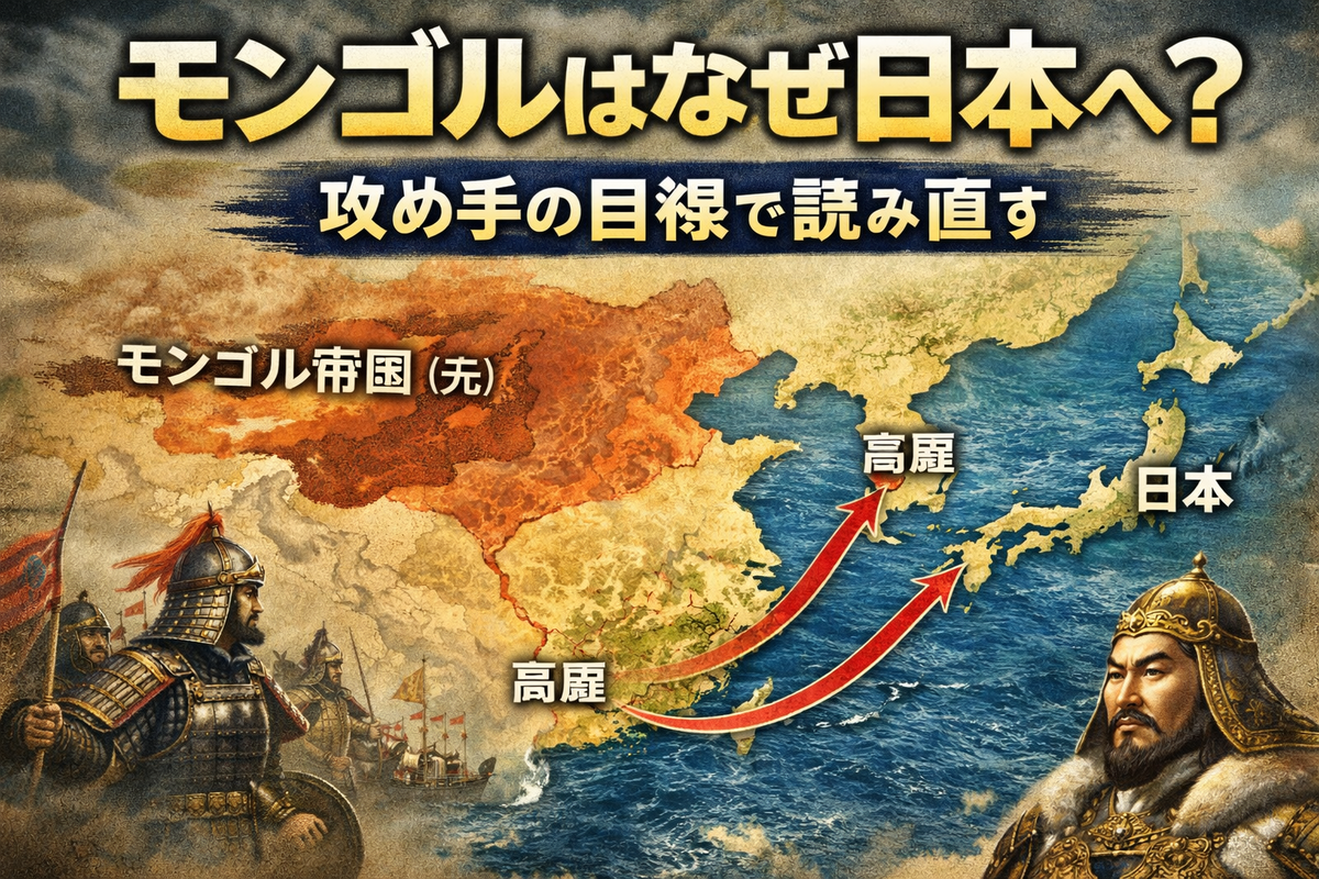 モンゴル帝国（元）の勢力図と海路をイメージしたサムネ。大陸から日本へ向かう航路が示される。