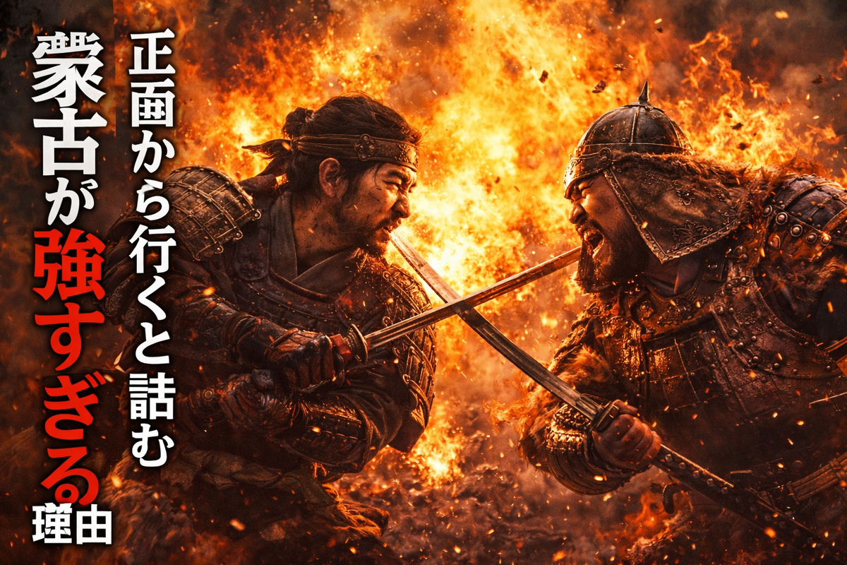 モンゴル兵の集団戦と爆発（火器）で追い詰められる場面を強調したサムネイル