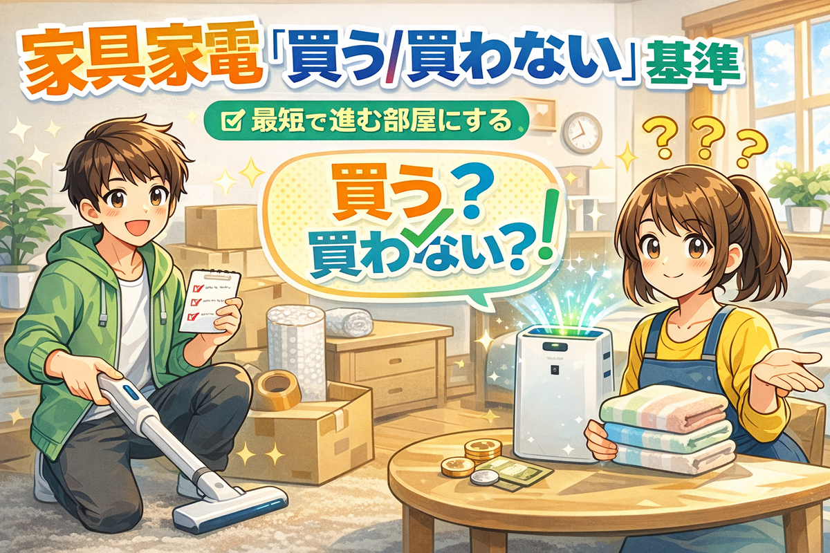 新生活の家具家電を買うか迷う人へ。買う/買わない基準を整理してムダ買いを減らすチェックのイラスト