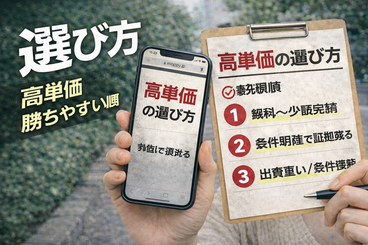 モッピー高単価案件を勝ちやすい順に選ぶチェックリストのイメージ