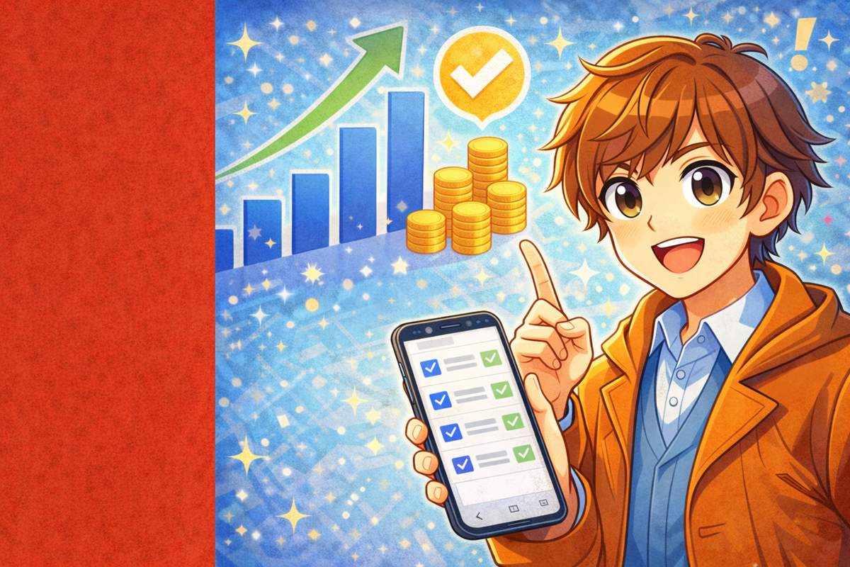 案件の件数を積み上げて単価を伸ばす運用を表すポップなアニメ風イメージ