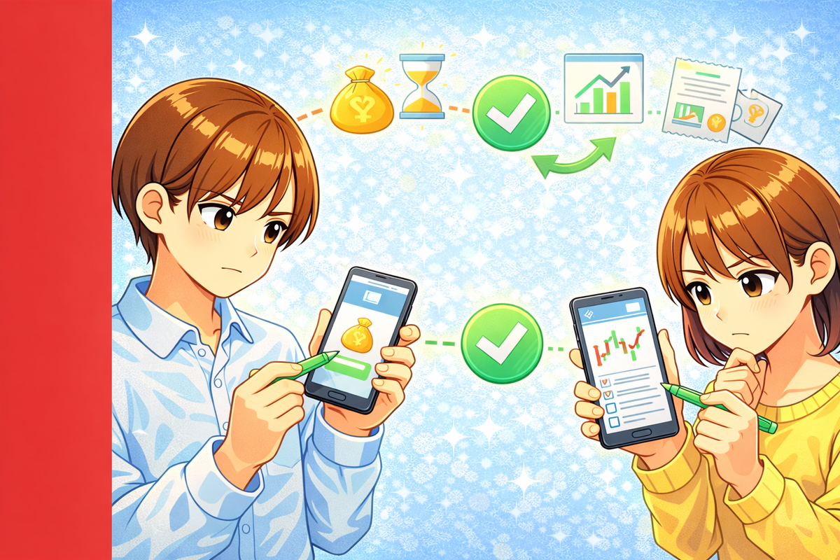 初回入金と初回取引をチェックして条件達成を確実にするポップなアニメ風イラスト