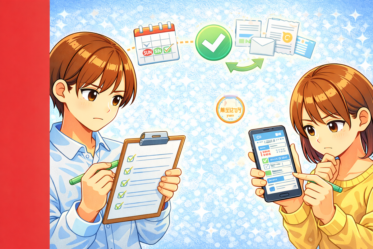 通帳をチェックリストで点検して取りこぼしを防ぐポップなアニメ風イラスト