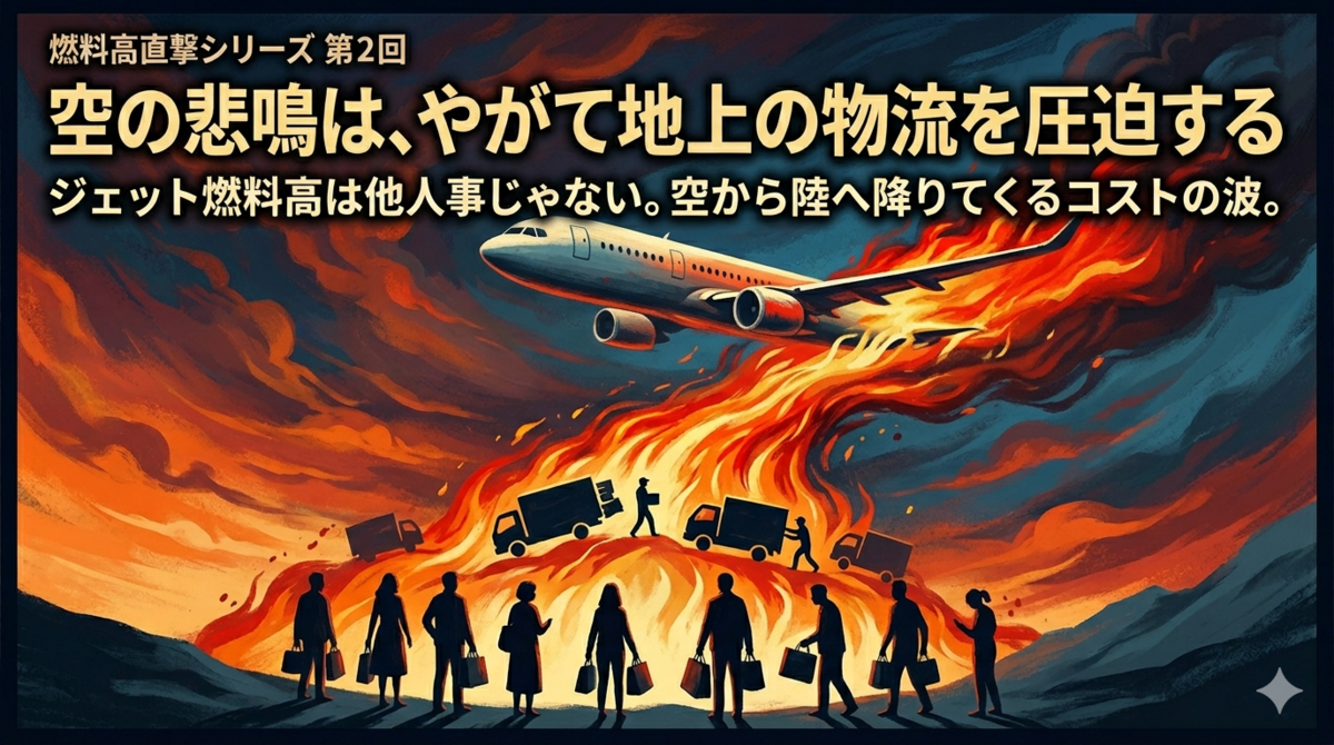 飛行機からトラック、荷物、配達員へとコストの波が降りてくる様子を描いたサムネイル