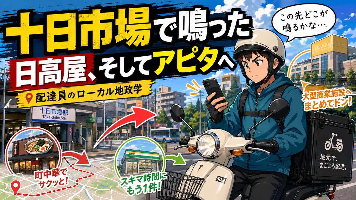 十日市場周辺でスマホを確認する原付配達員と、飲食店や商業施設へ向かう矢印を描いたローカル配達コラム用サムネイル。