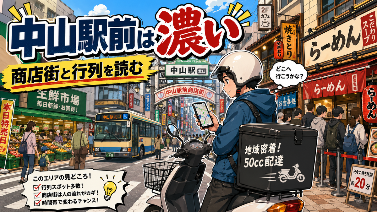中山駅前の商店街付近で、原付配達員がスマホ地図を見ながら、ラーメン店の行列やスーパー、飲食店、人の流れを確認しているローカル配達コラム用サムネイル。