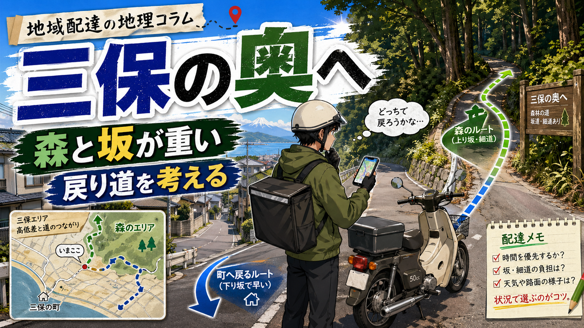 三保の住宅街と森の境目で、原付配達員がスマホ地図を見ながら坂道と戻り道を考えているローカル配達コラム用サムネイル。