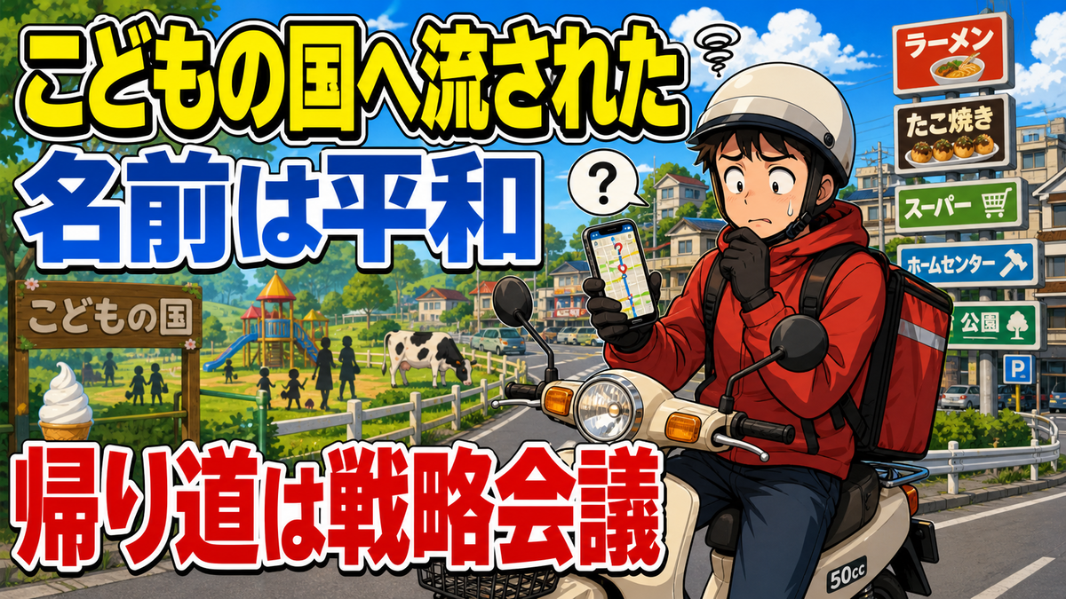 こどもの国・奈良町方面で、原付配達員がスマホ地図を見ながら、休日感のある遊び場と周辺の飲食店・スーパーの間で帰り道に悩んでいるローカル配達ギャグコラム用サムネイル。