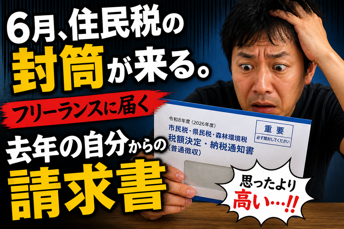 住民税の納税通知書を手にして驚く男性と、「6月、住民税の封筒が来る」「去年の自分からの請求書」という文字を大きく配置した、フリーランス向け税金コラムのサムネイル画像。