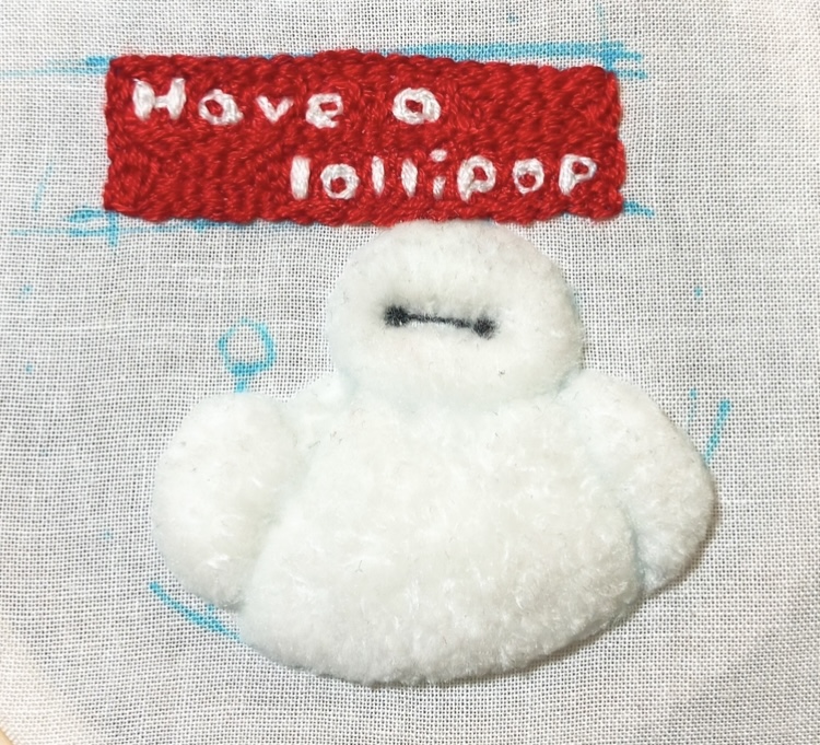 パンチニードル作品の制作途中：裏面の吹き出しを含めた全体像