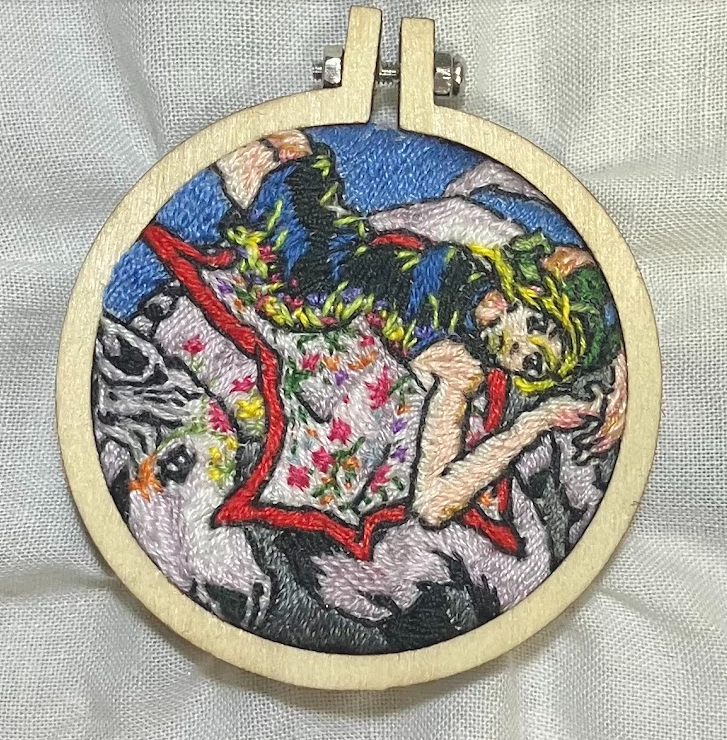 ジョジョの奇妙な冒険 徐倫 GUCCIで飛ぶ をモチーフに制作した刺繍ミニフープ作品｜原画を刺繍に落とし込んだ細密刺繍