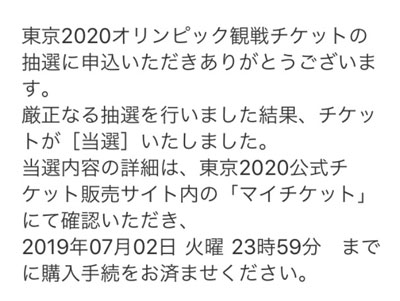 2020年東京オリンピックのチケットの抽選結果＊おそらく倍率が低かった