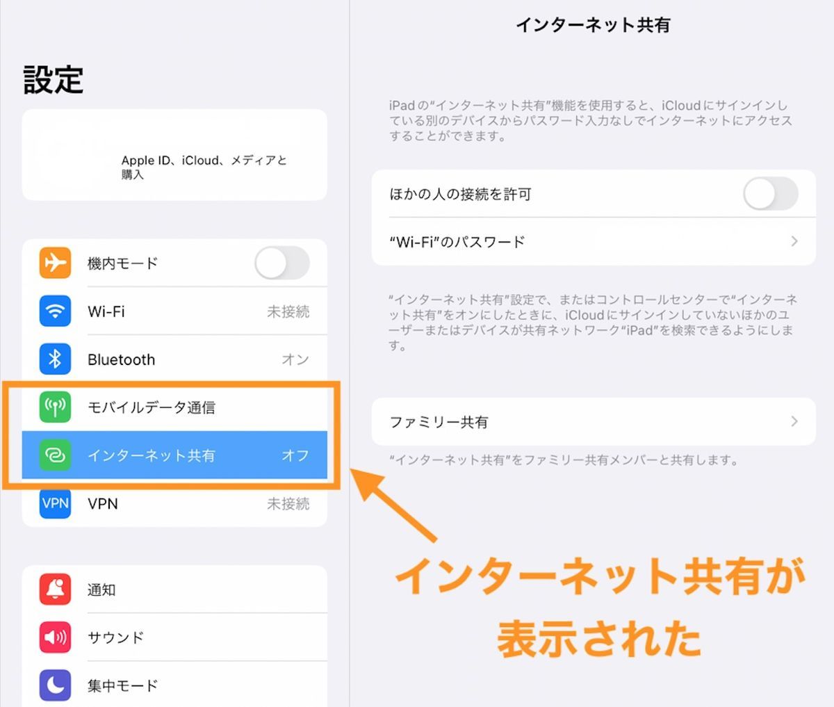 APN入力後、インターネット共有が表示される