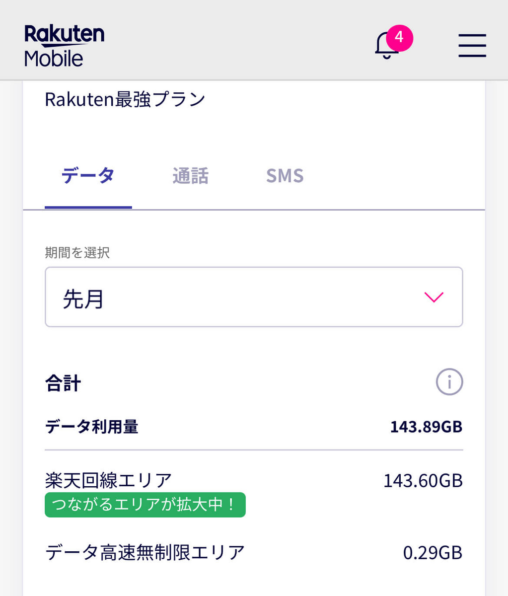 楽天モバイル:先月の利用明細