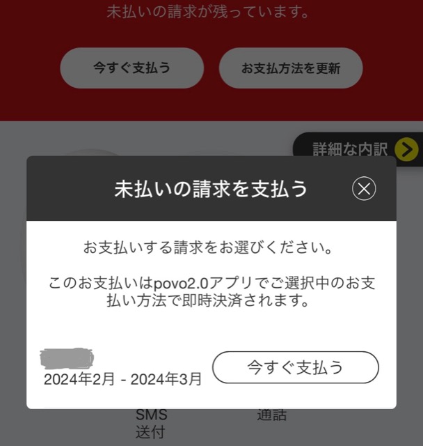 未払いの請求を支払う画面