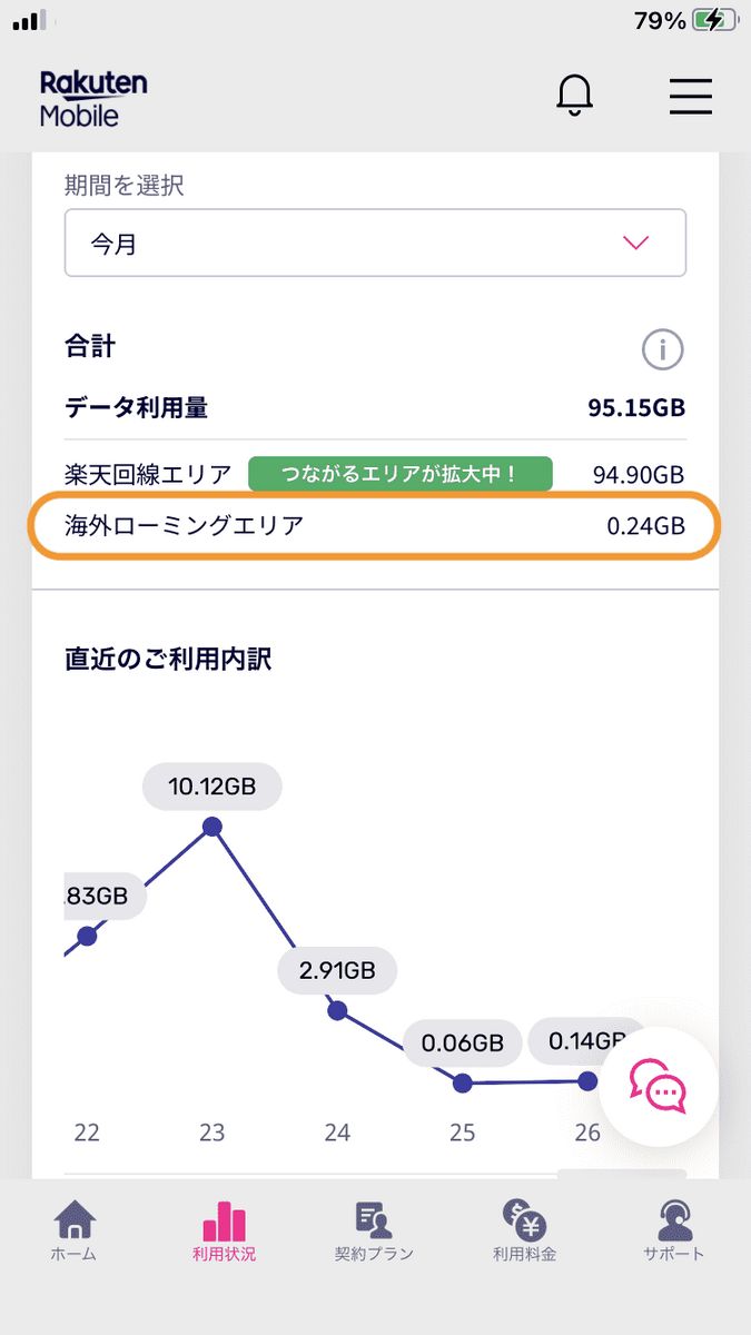 海外ローミングエリアの使用量を確認